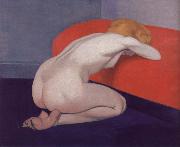 Nude Kneeling against a red sofa